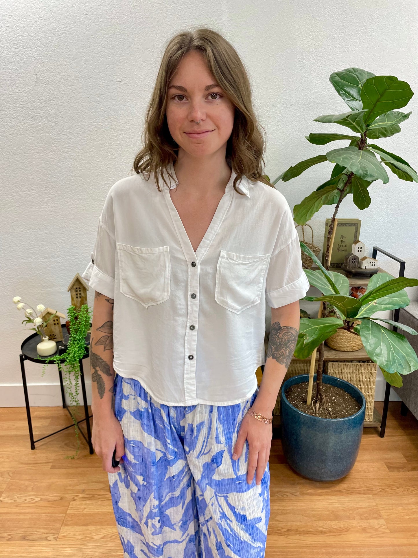 White Button Front Beachy Blouse
