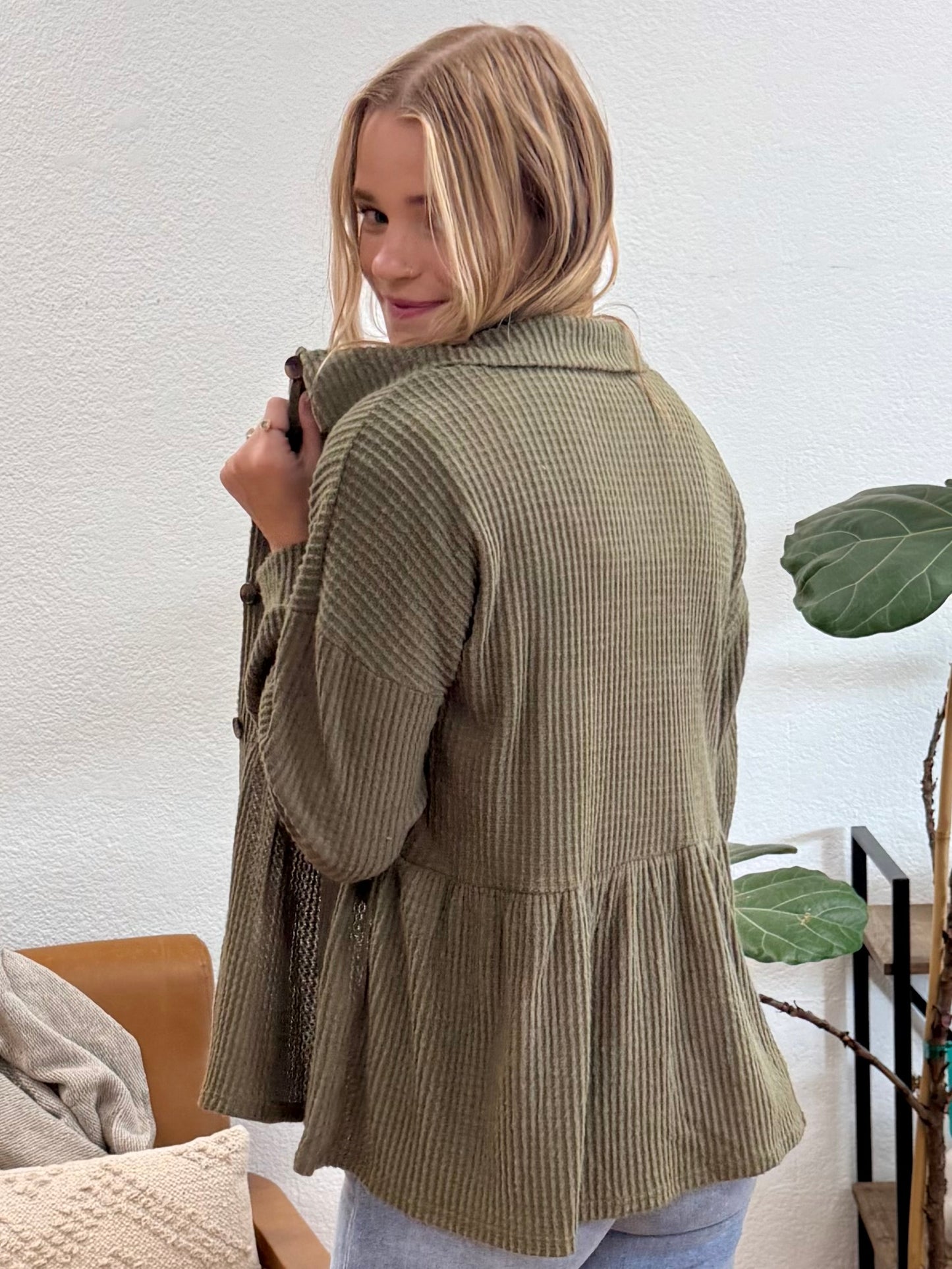 Olive Solid Waffle Shacket