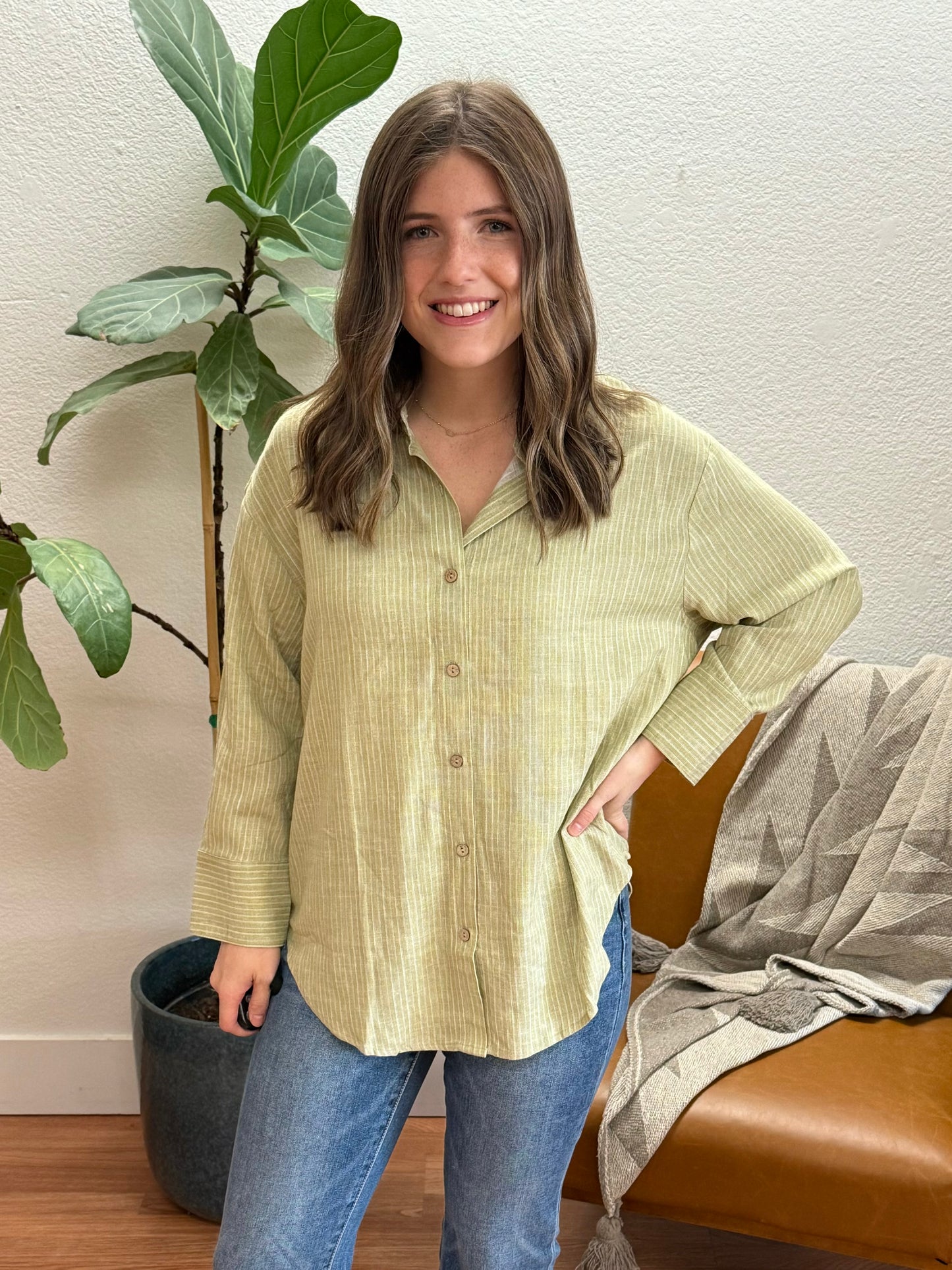 Olive Stripe Collared Button Down