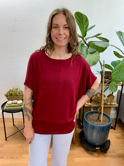 Burgundy Dolman Sleeve Boat Neck Top