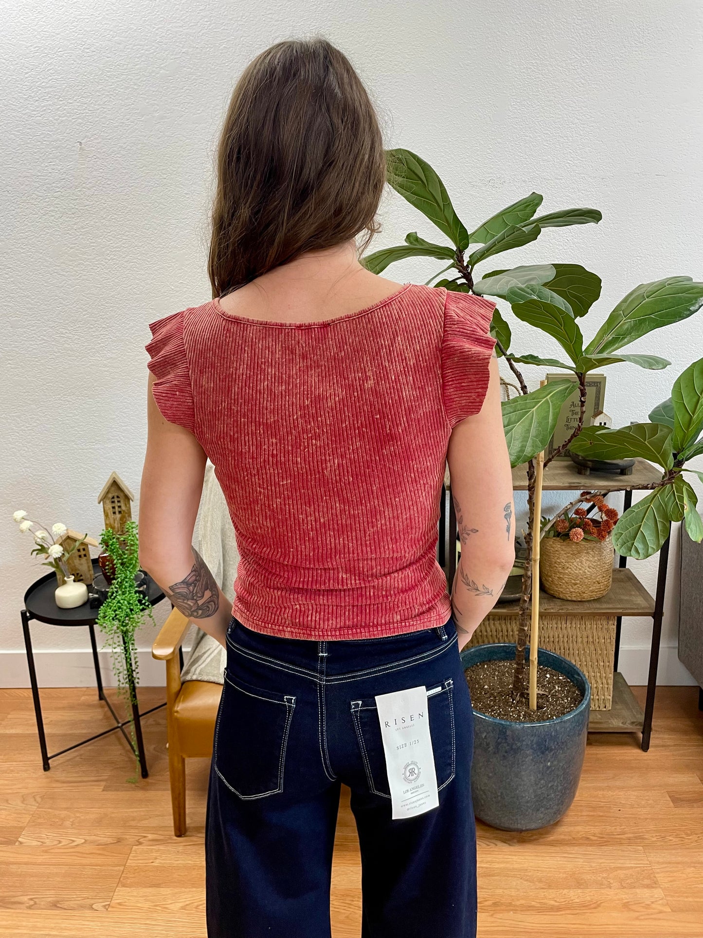 Brick Washed Ruffle Sleeve Top