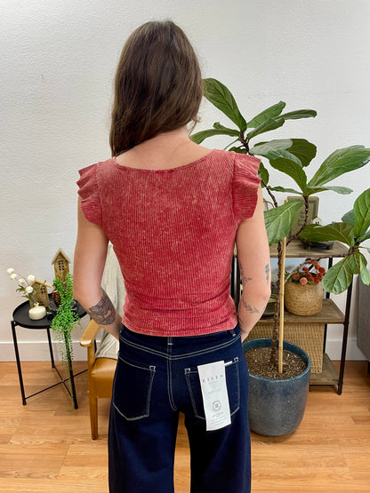Brick Washed Ruffle Sleeve Top