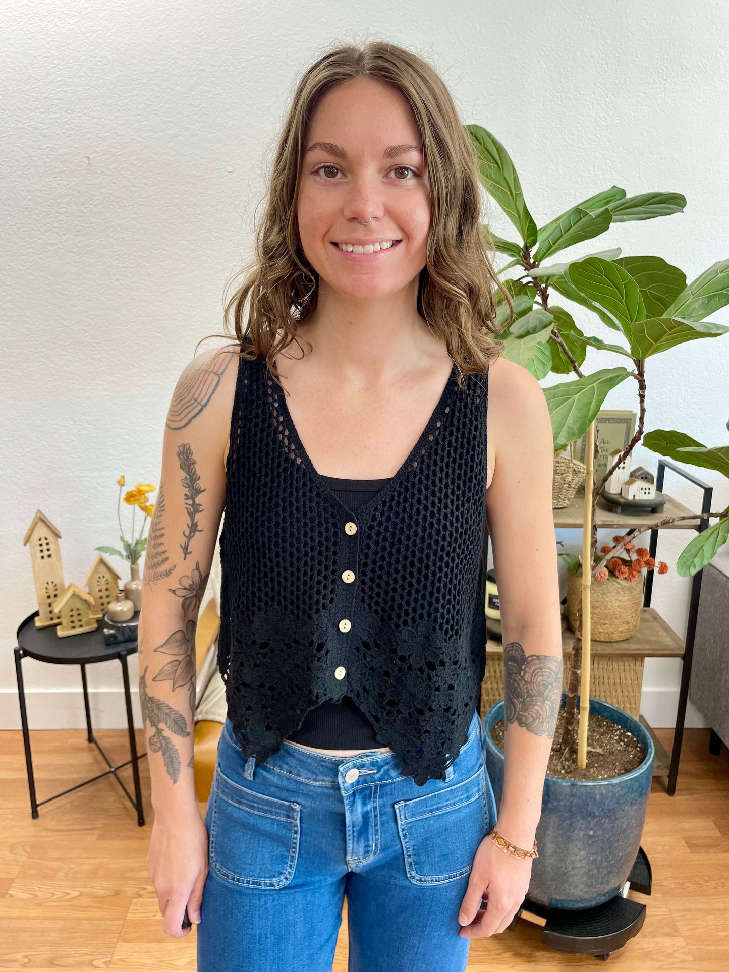 Black Crochet Floral Vest