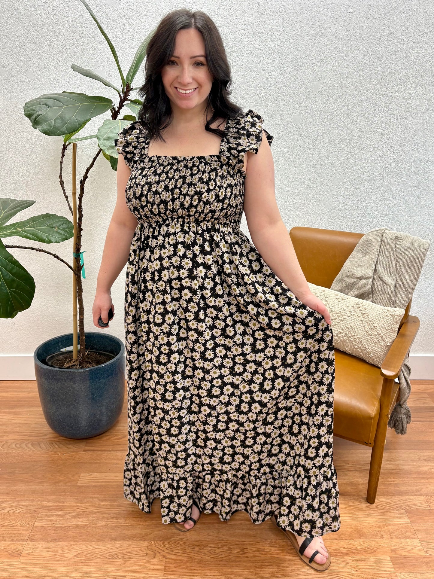 Black/Taupe Floral Smocking Midi Dress