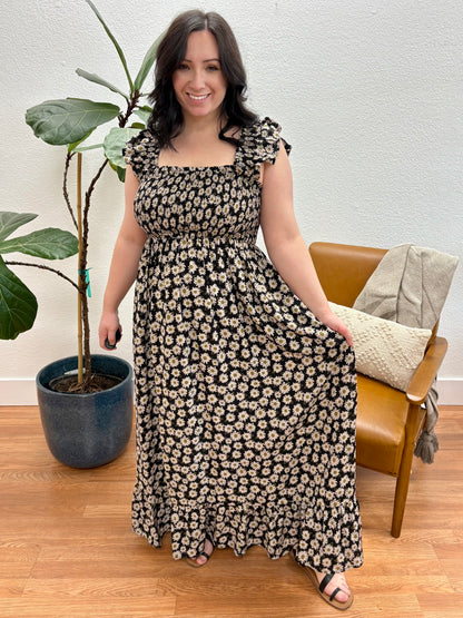 Black/Taupe Floral Smocking Midi Dress