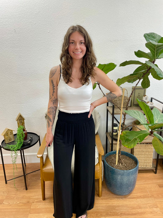 Black Crepe Smocked Pants