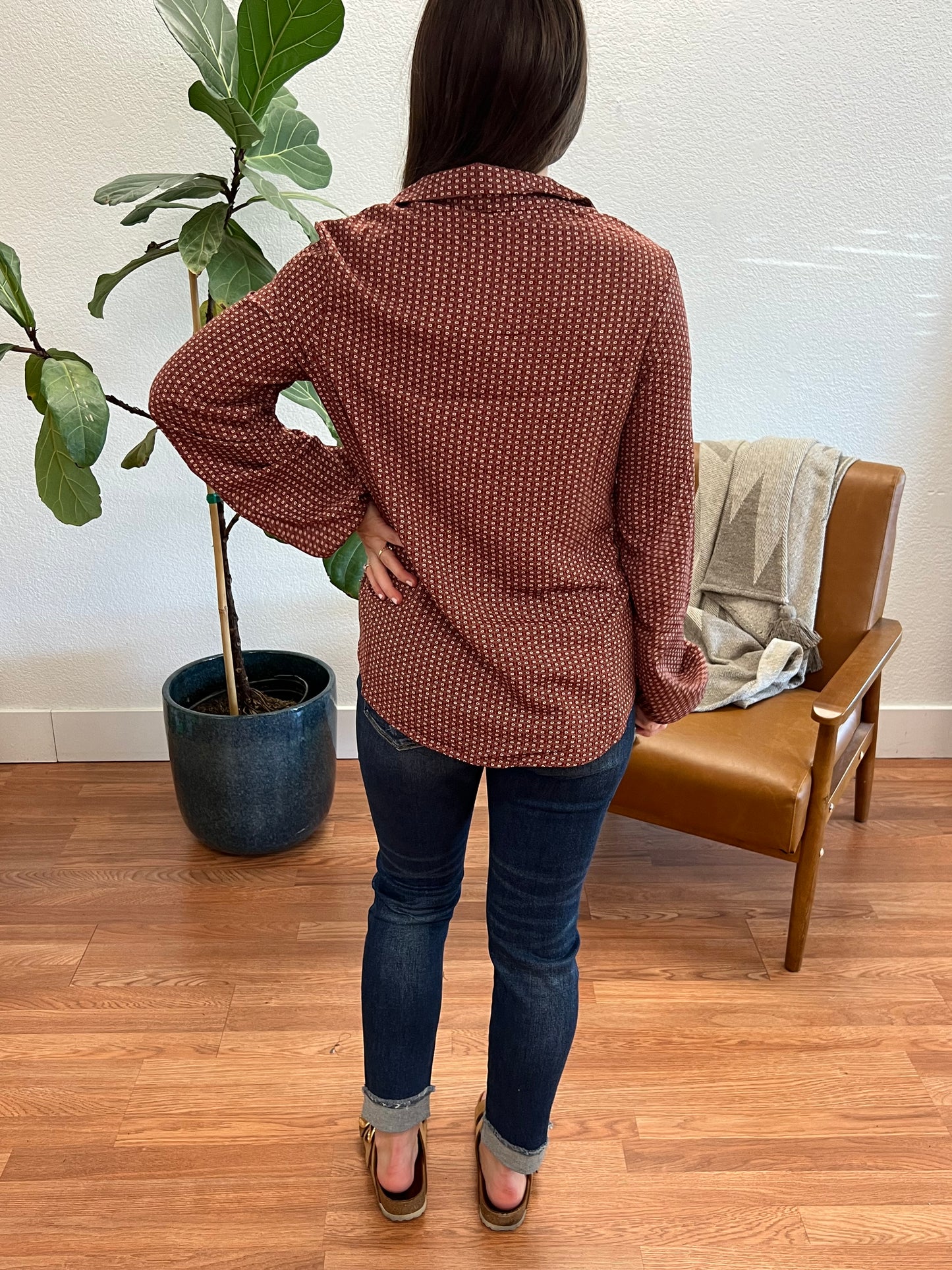 Rust Floral Button Up Blouse