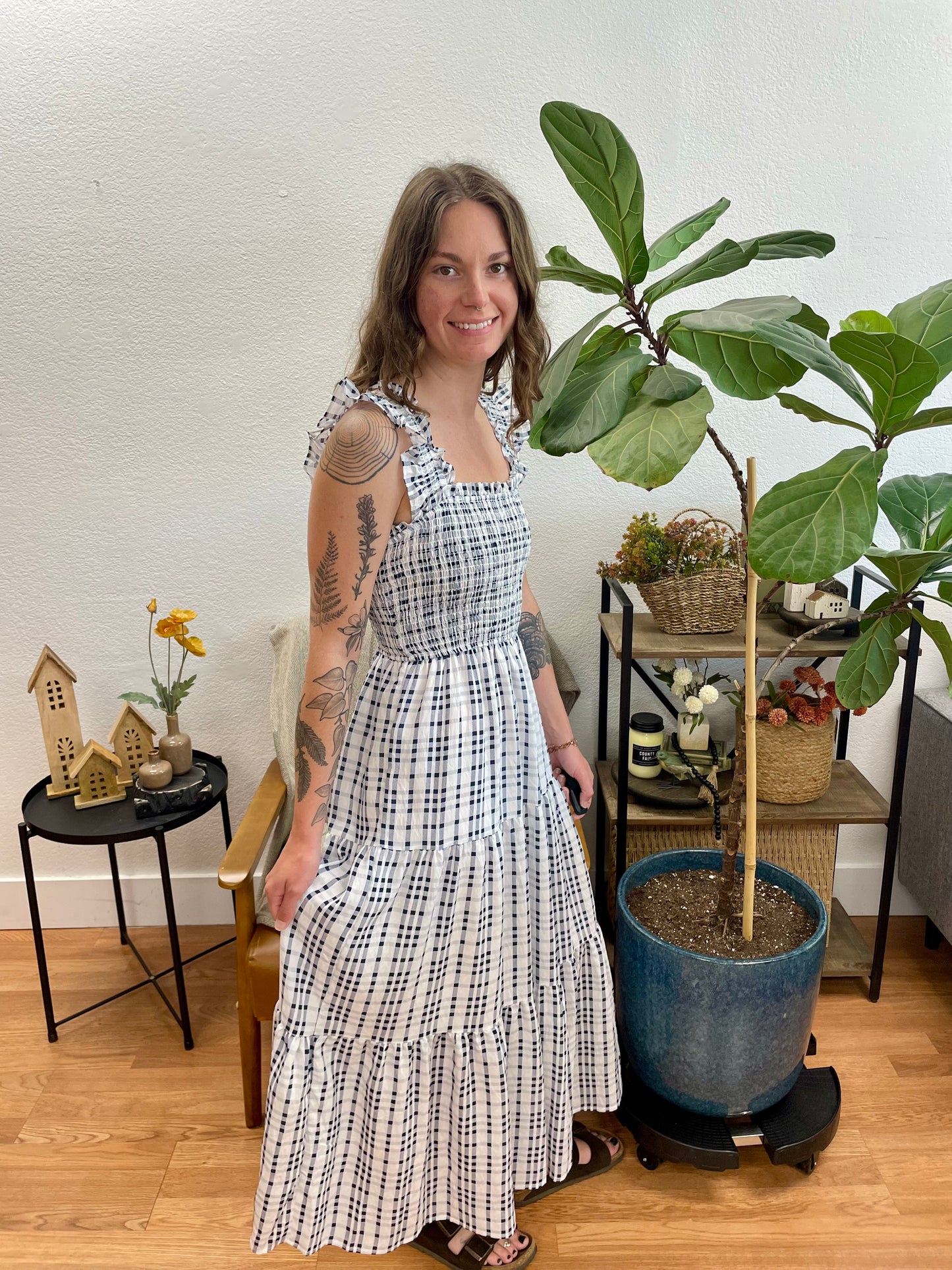 Navy Plaid Smocked Midi Dress