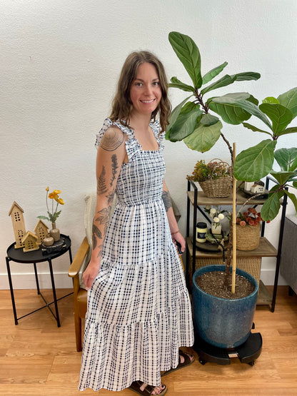 Navy Plaid Smocked Midi Dress