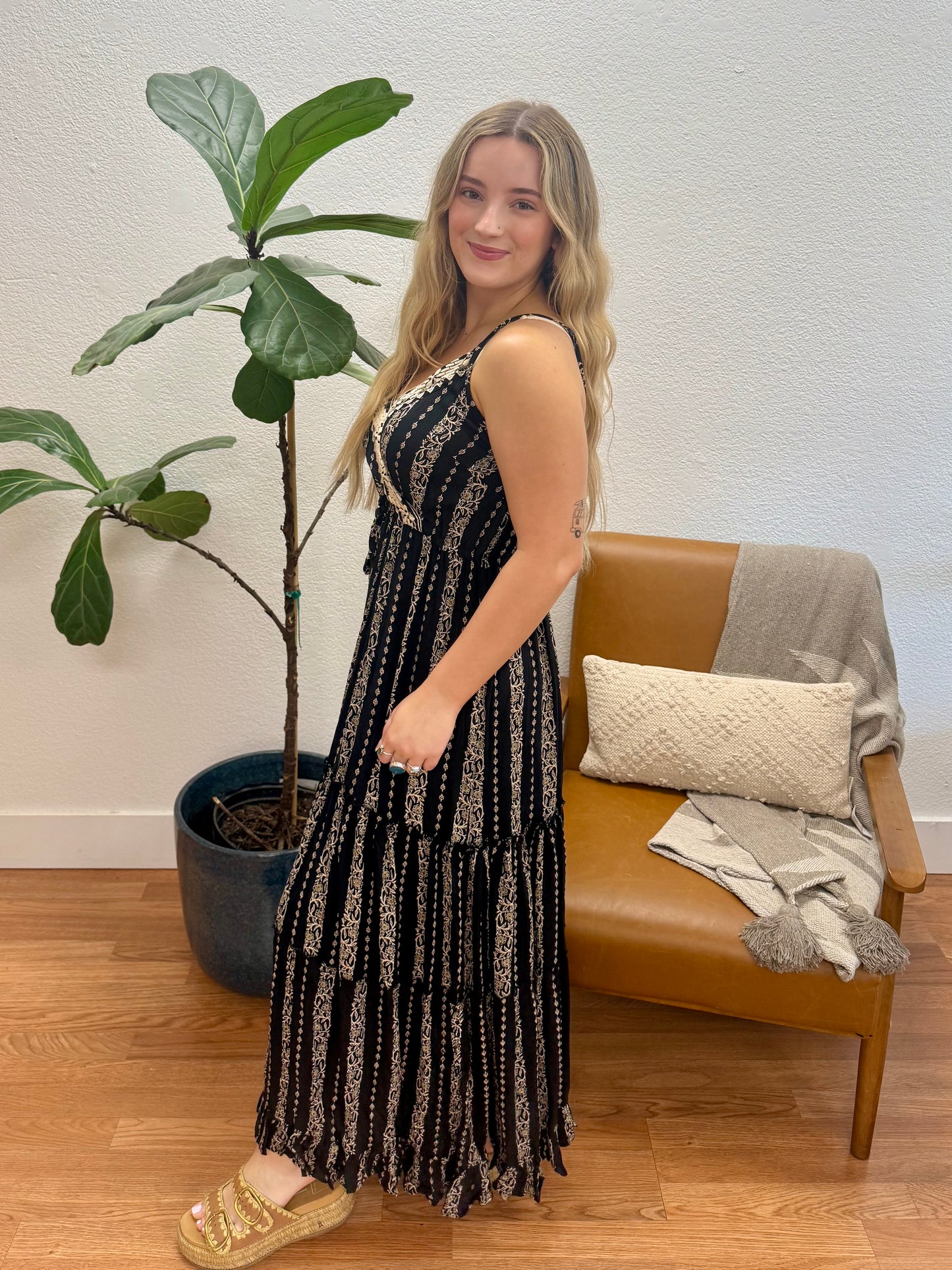 Black Embroidered V-Neck Maxi Dress