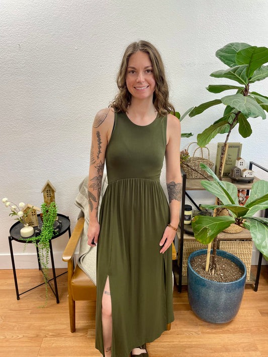 Olive Front Slit Midi Dress