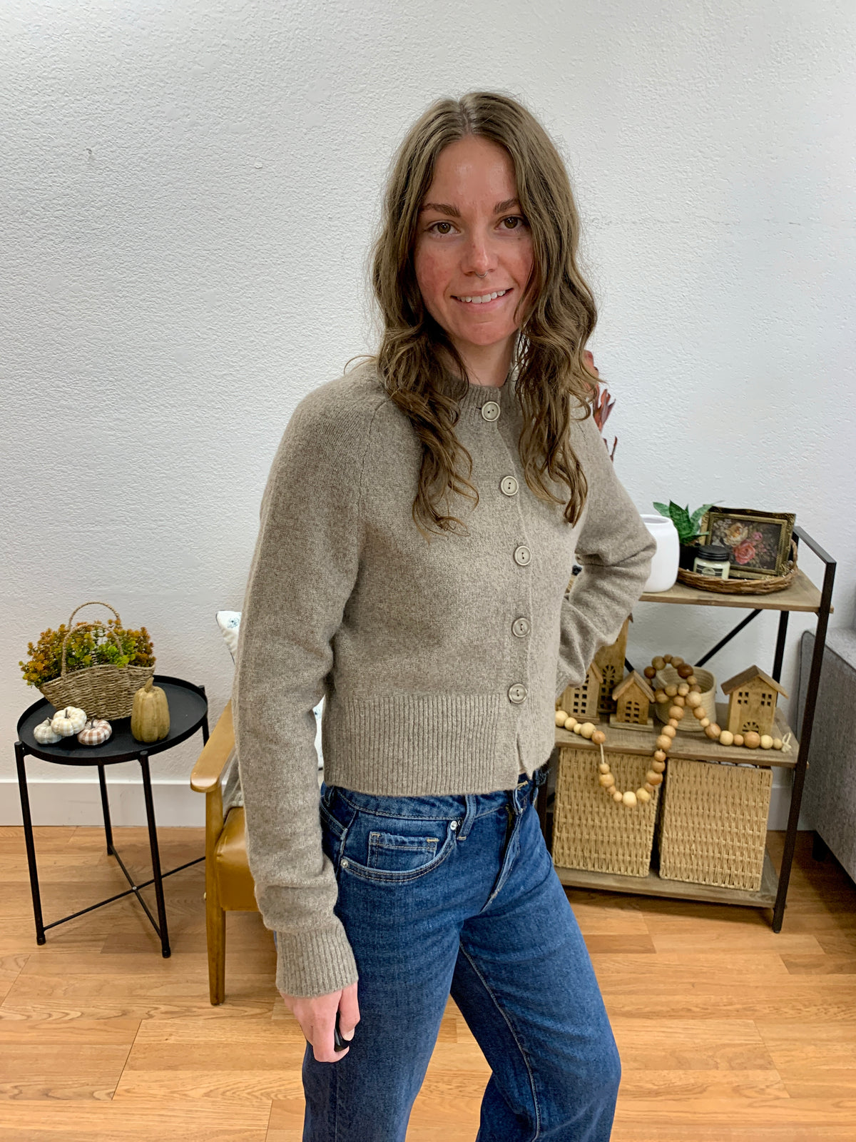 Taupe Round Neck Cardigan