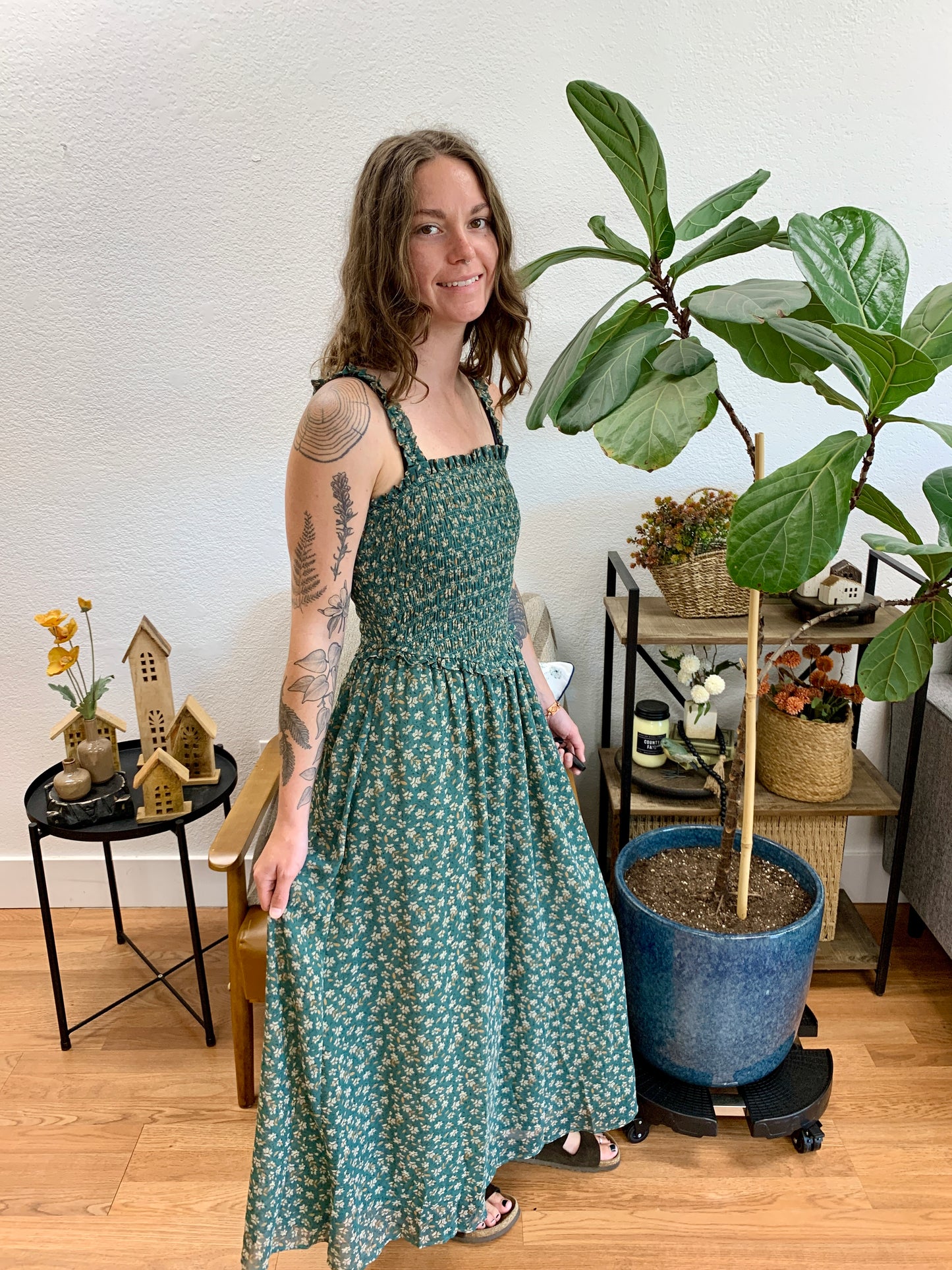 Green Floral Smocked Bodice Dress