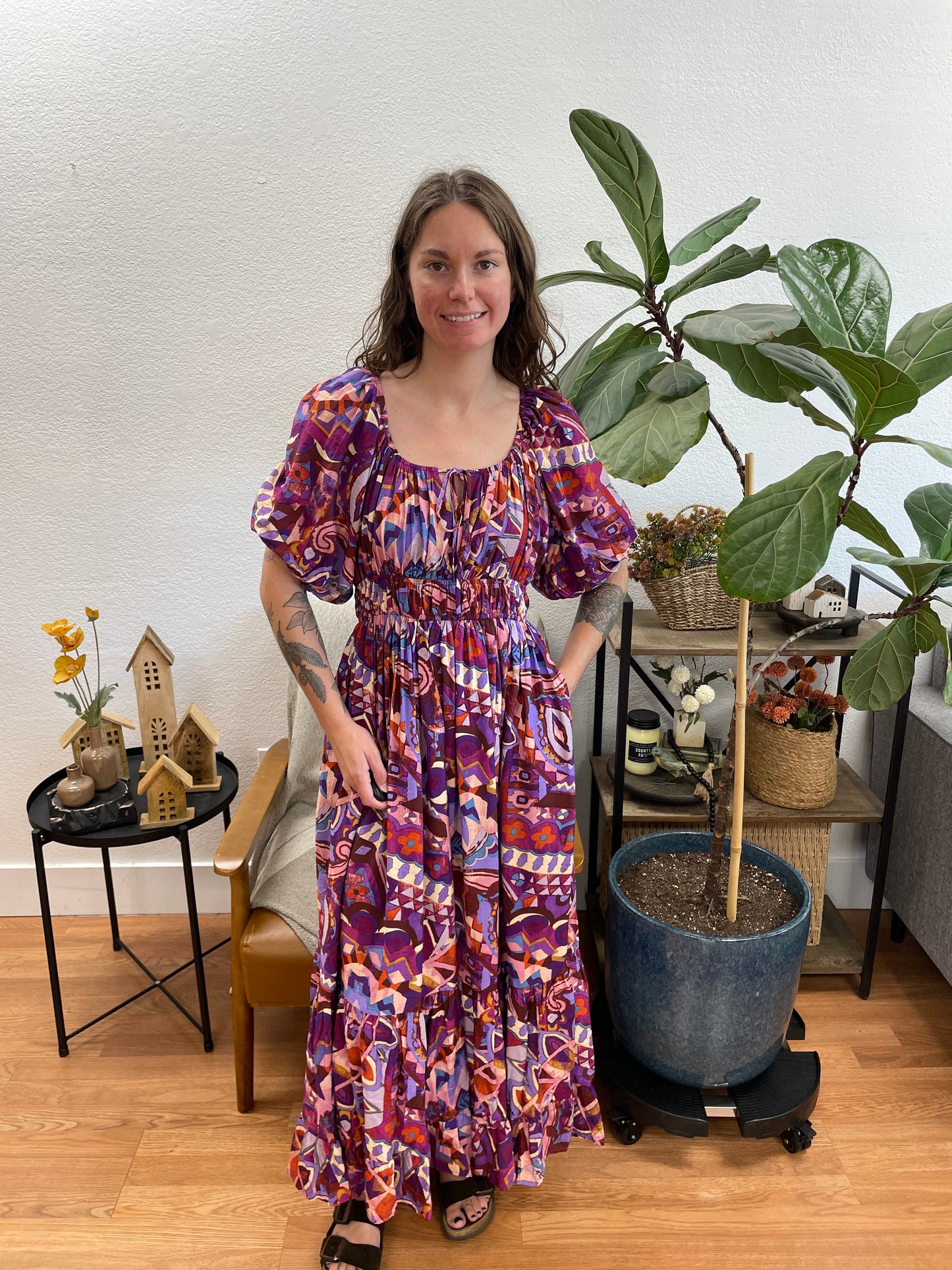 Purple Patterned Square Neck Midi Dress