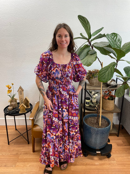 Purple Patterned Square Neck Midi Dress