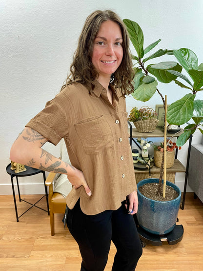 Brown Textured Button Down Top