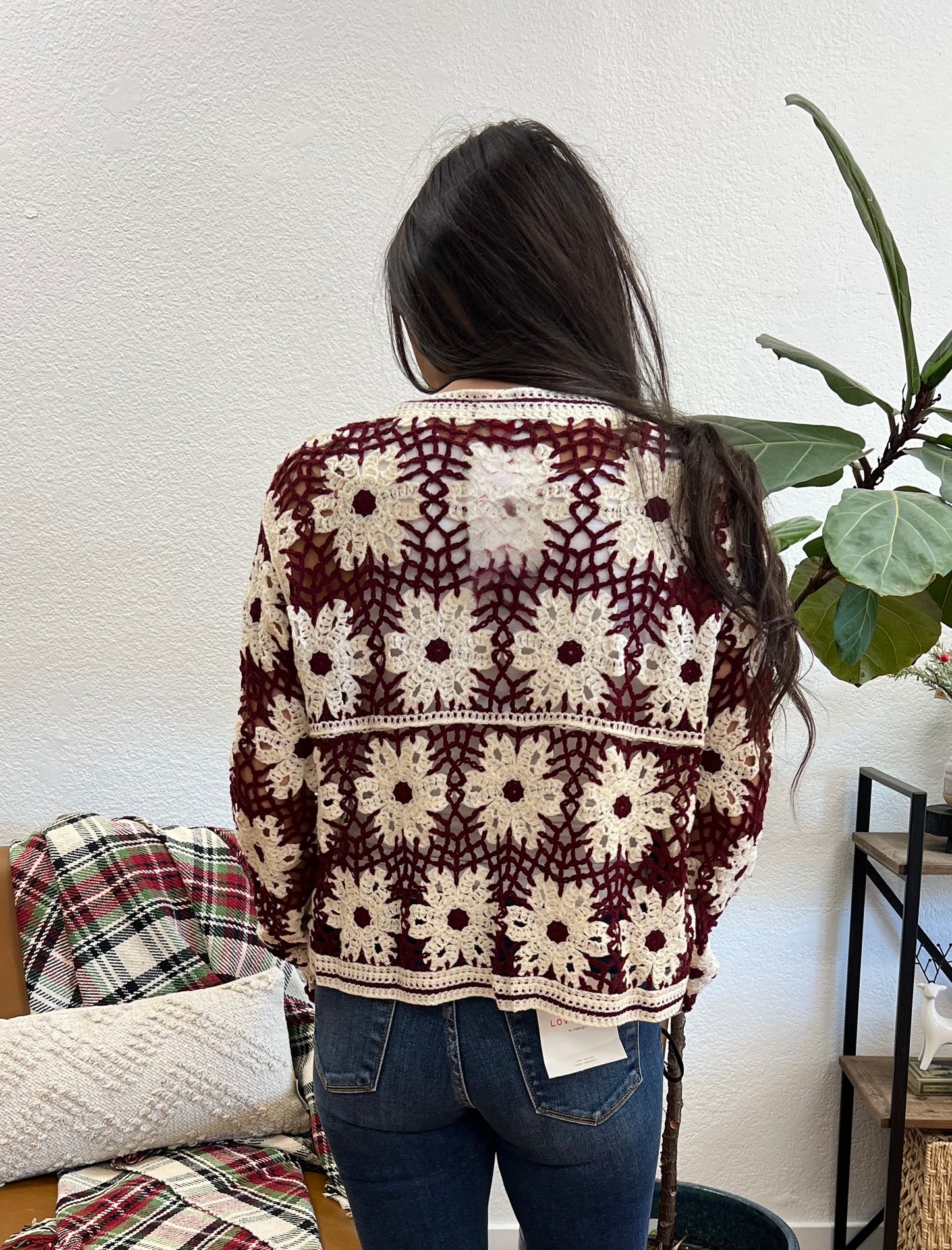 Burgundy Daisy Crochet Cardigan