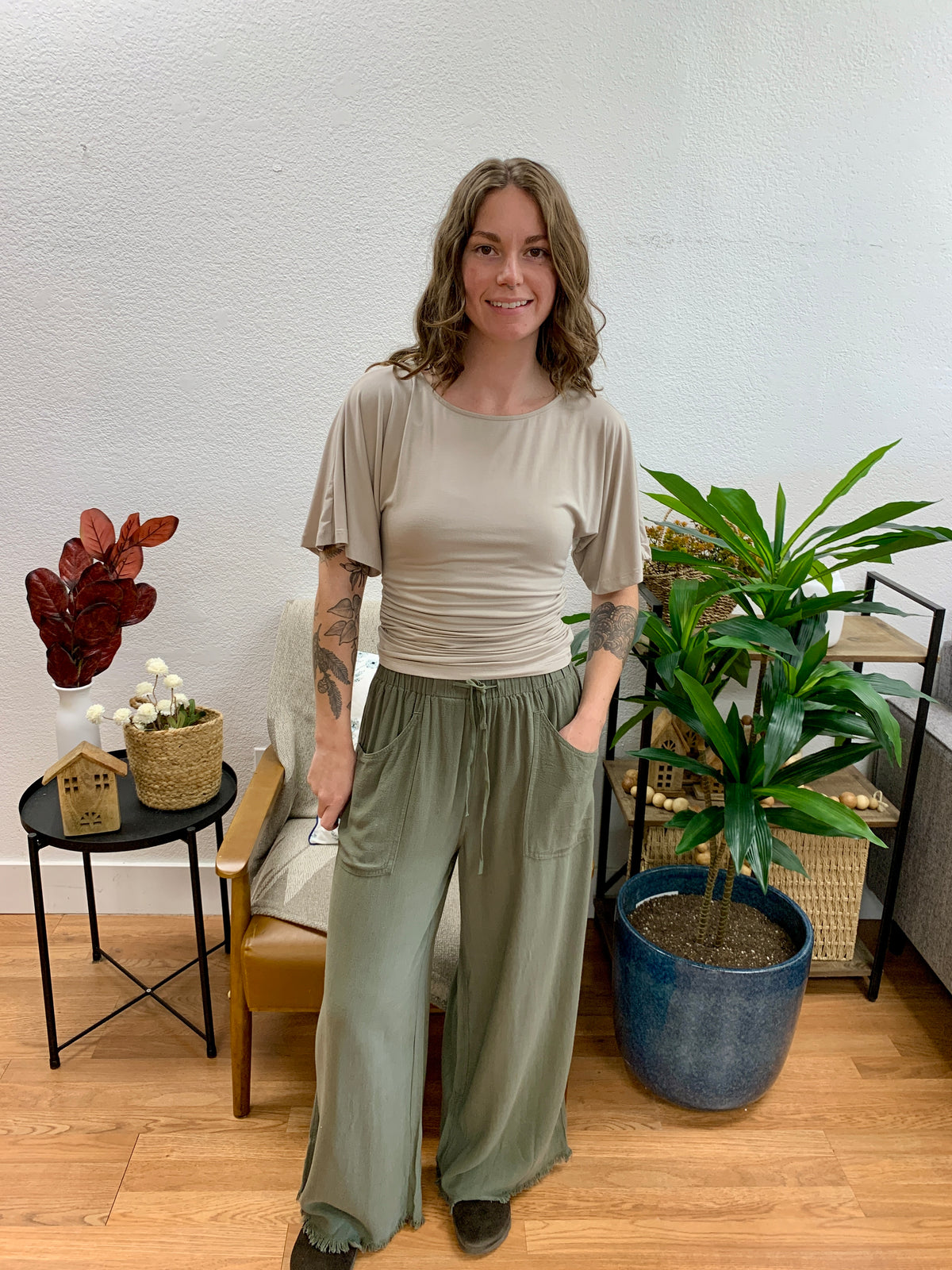 Olive Frayed Linen Blend Pants