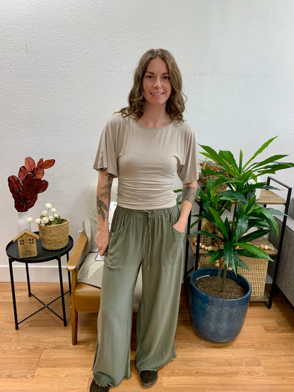 Olive Frayed Linen Blend Pants