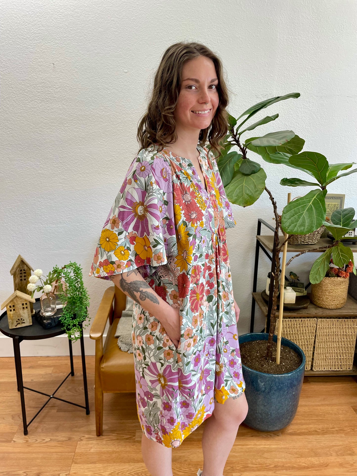 Lavender Floral Pleated Dress