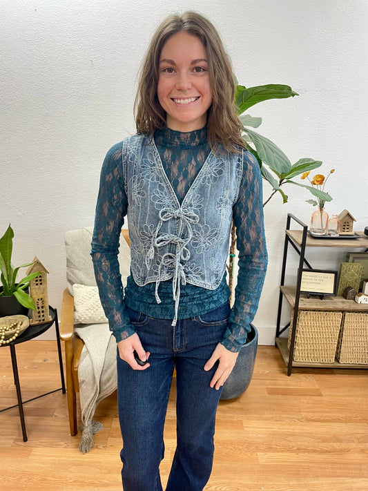 Floral Washed Denim Vest