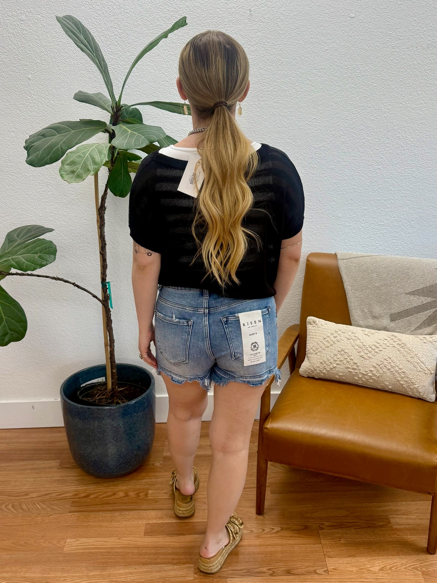 RISEN Medium High Rise Released Hem Shorts