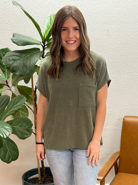 Olive Solid Ribbed Top