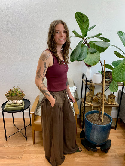Brown Acid Wash Wide Leg Pants