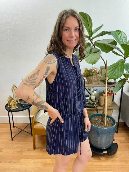 Navy Linen Striped Sleeveless Top