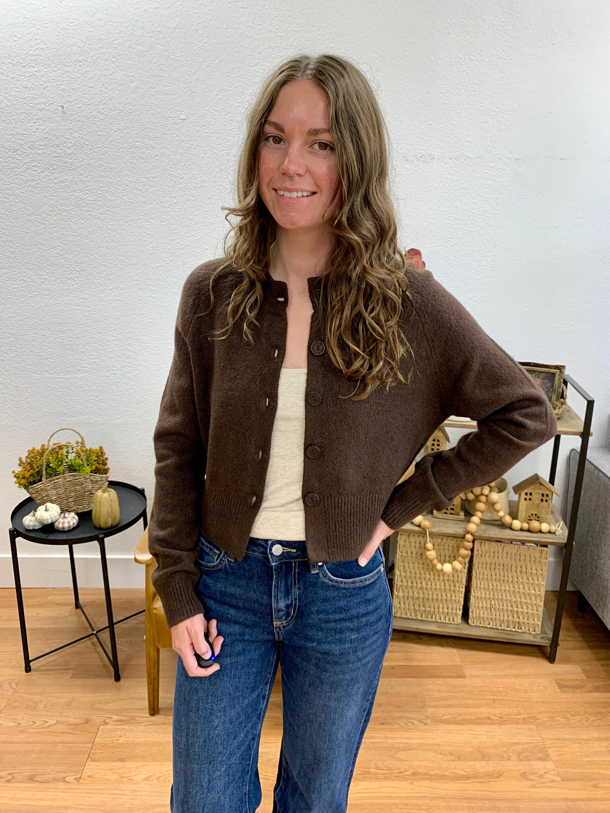 Brown Round Neck Cardigan