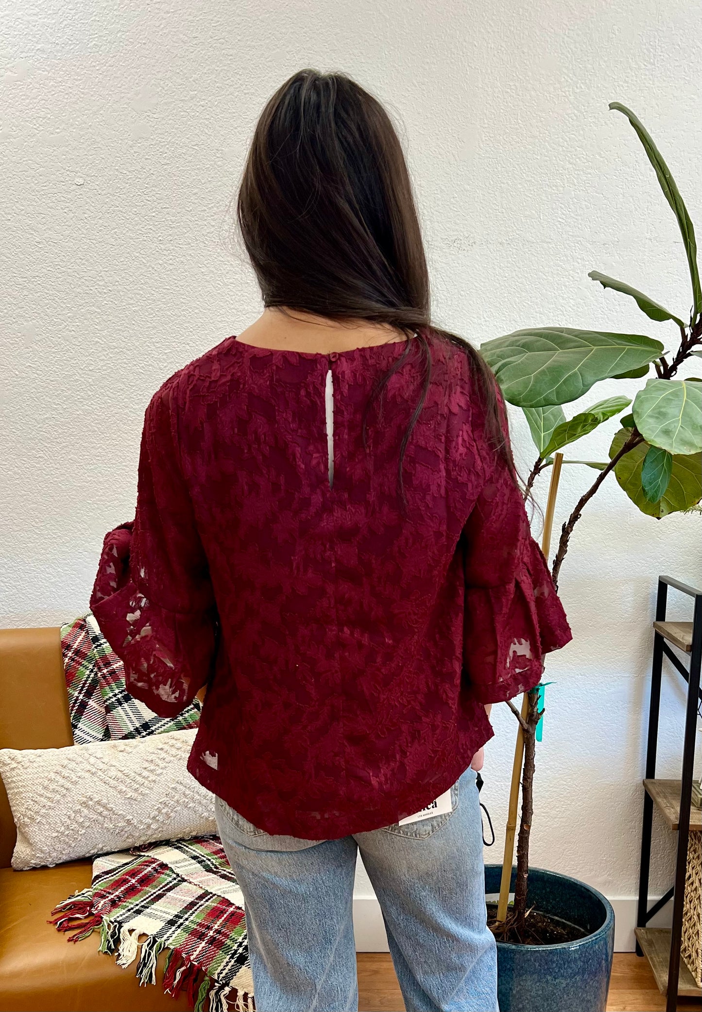Burgundy Jacquard Bell Sleeve Blouse - Terra Cottage