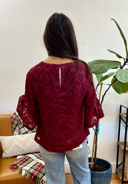 Burgundy Jacquard Bell Sleeve Blouse - Terra Cottage