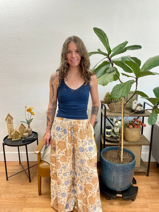 Ivory Soft Floral Wide Leg Pants