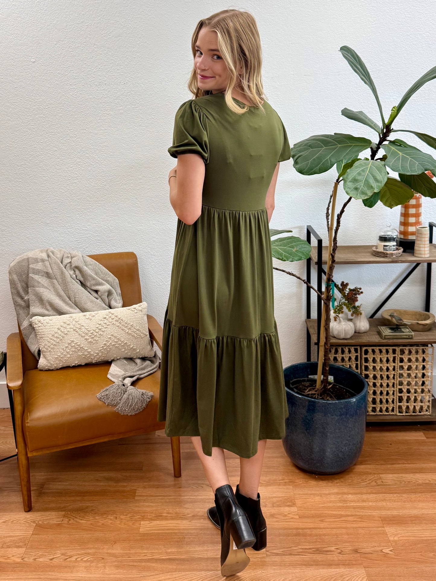 Olive Solid Tiered Maxi Dress