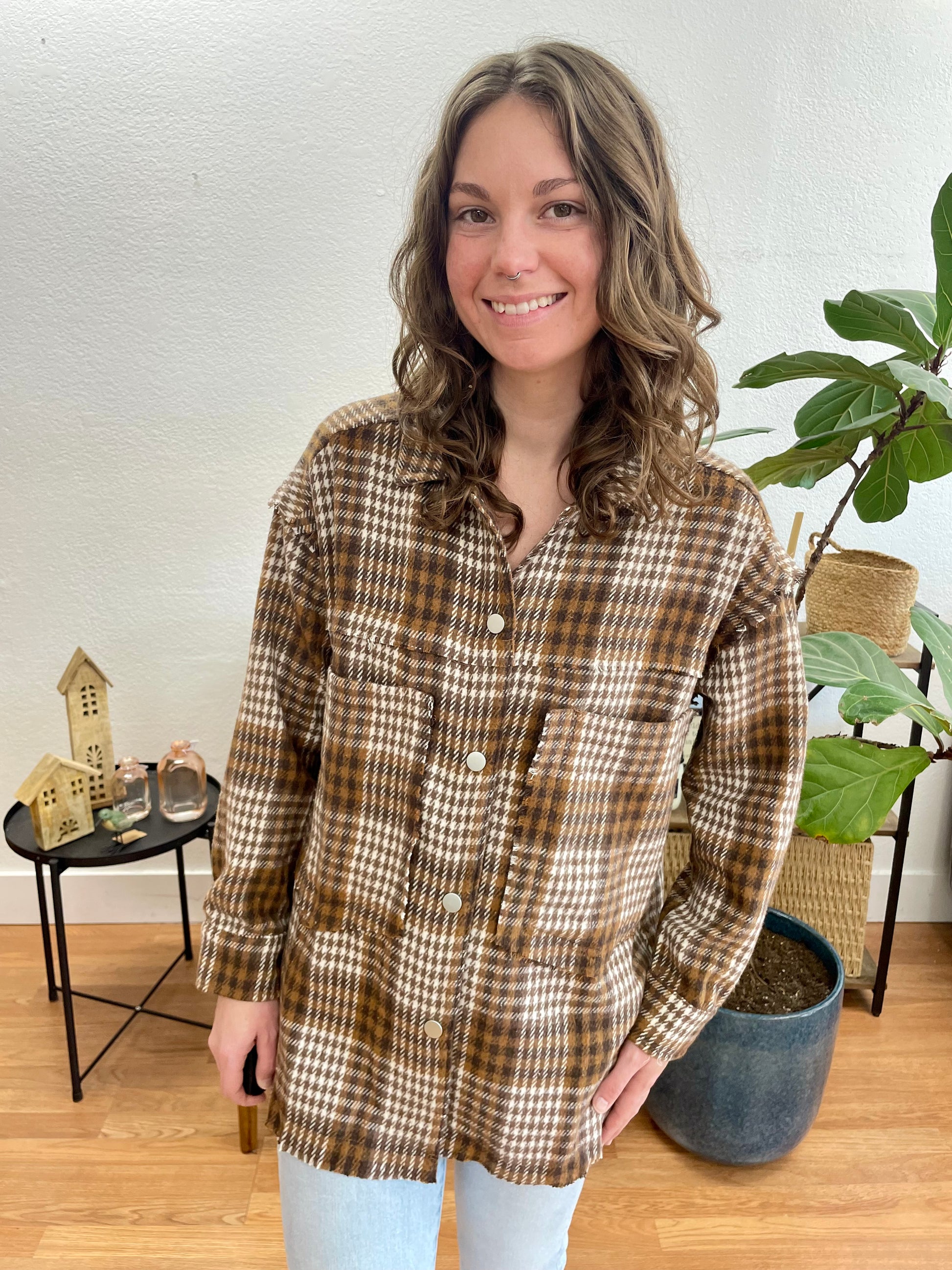 Brown Relaxed Plaid Shacket - Terra Cottage