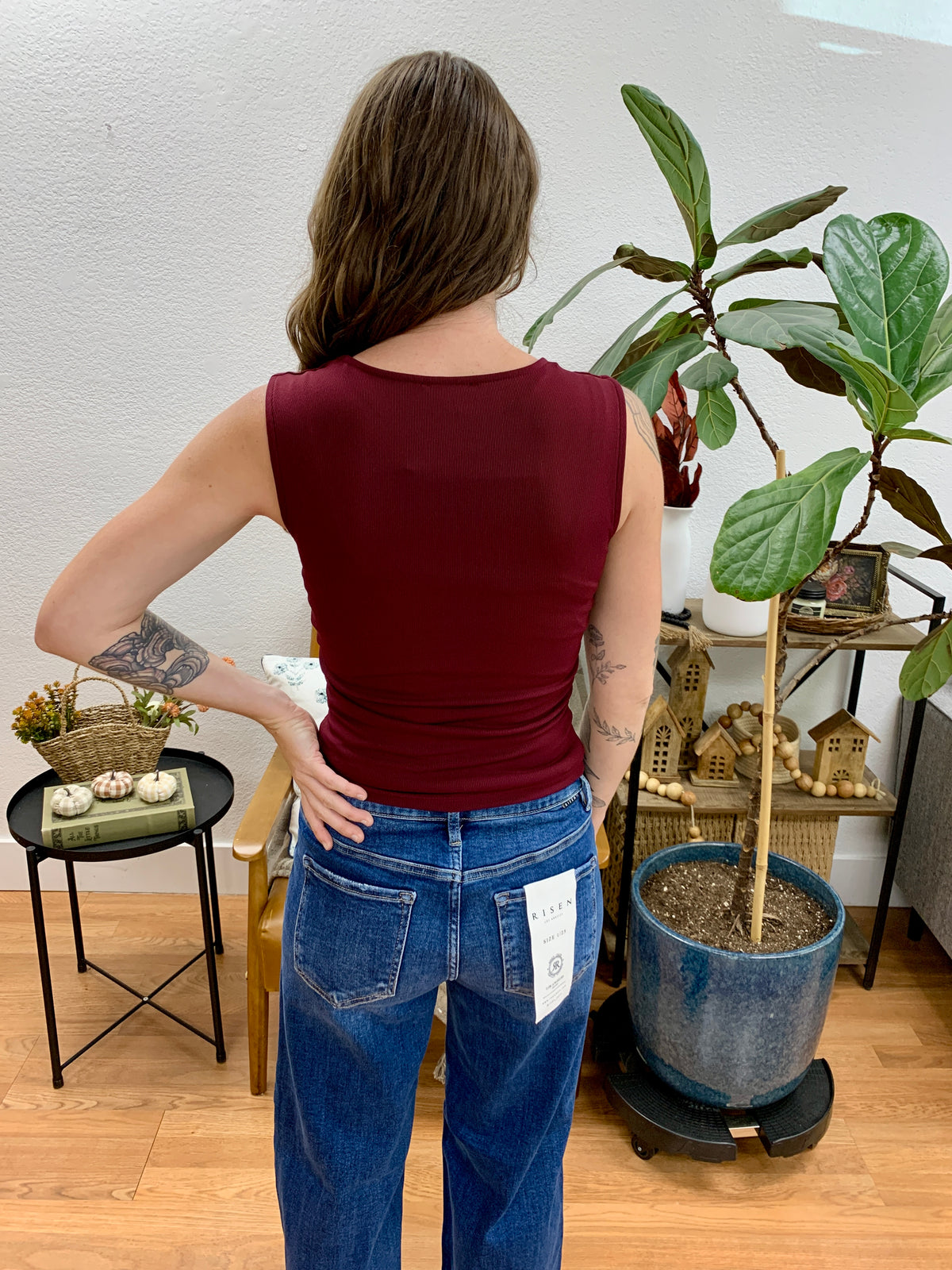 Burgundy Square Neck Sleeveless Top