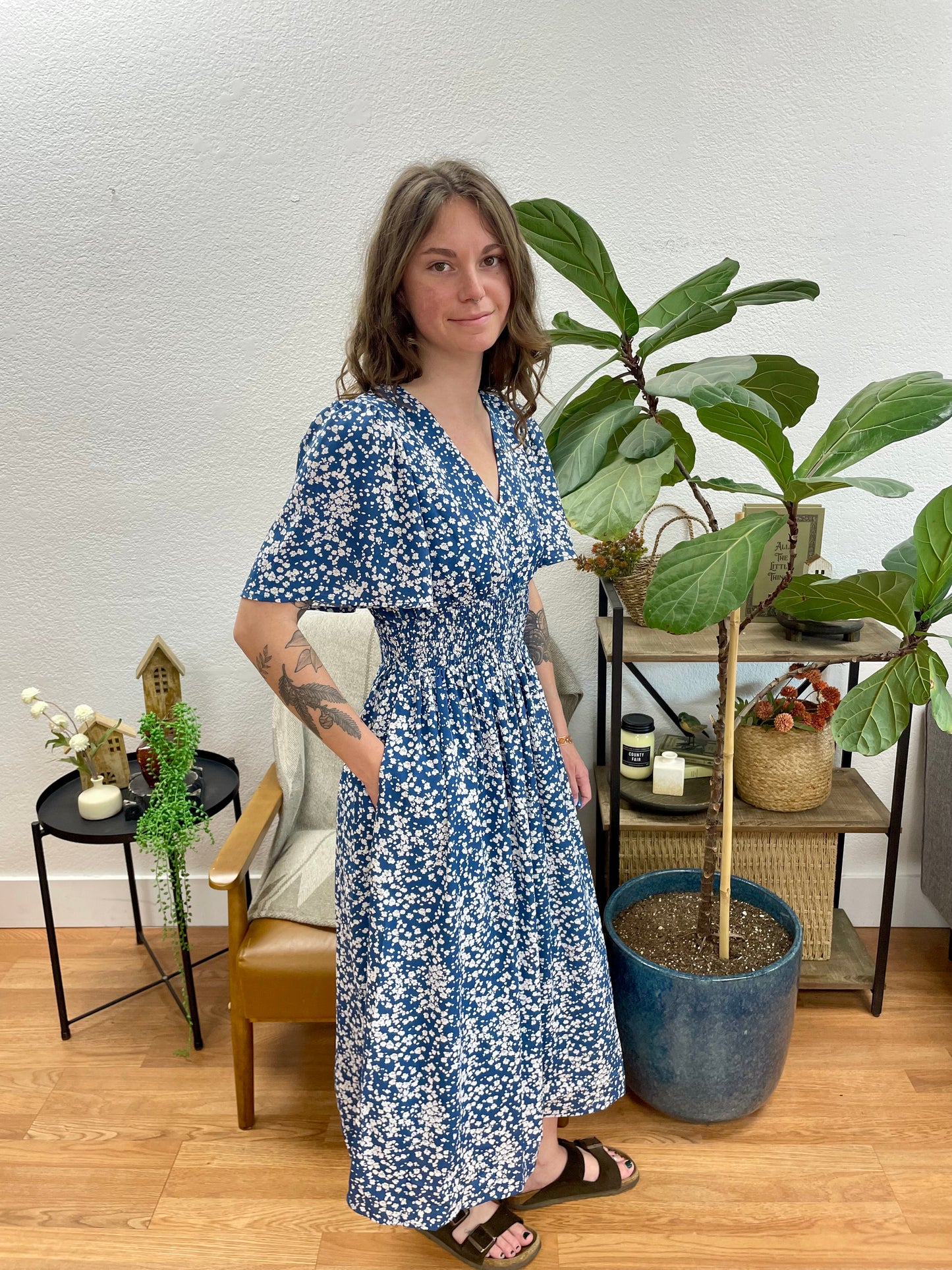 Blue Floral V Neck Dress
