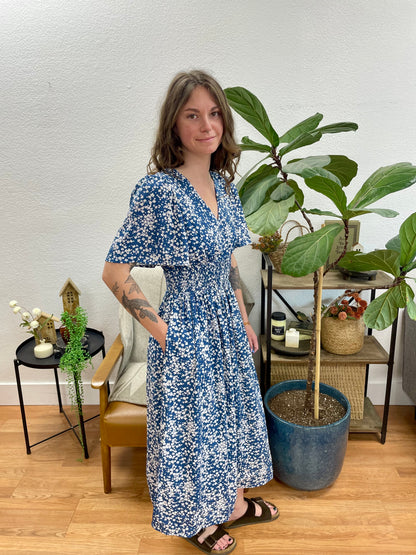 Blue Floral V Neck Dress