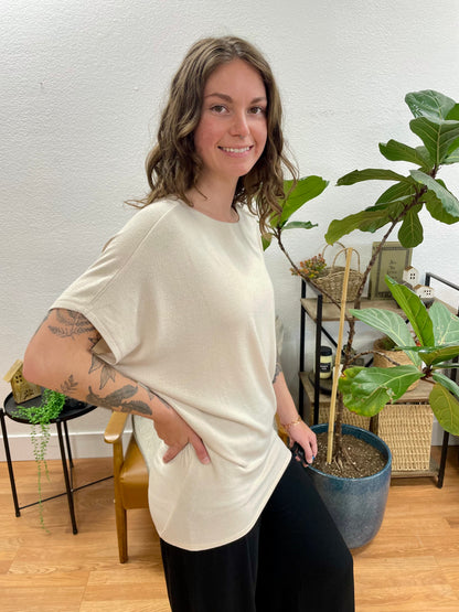 Sand Beige Dolman Sleeve Boat Neck Top