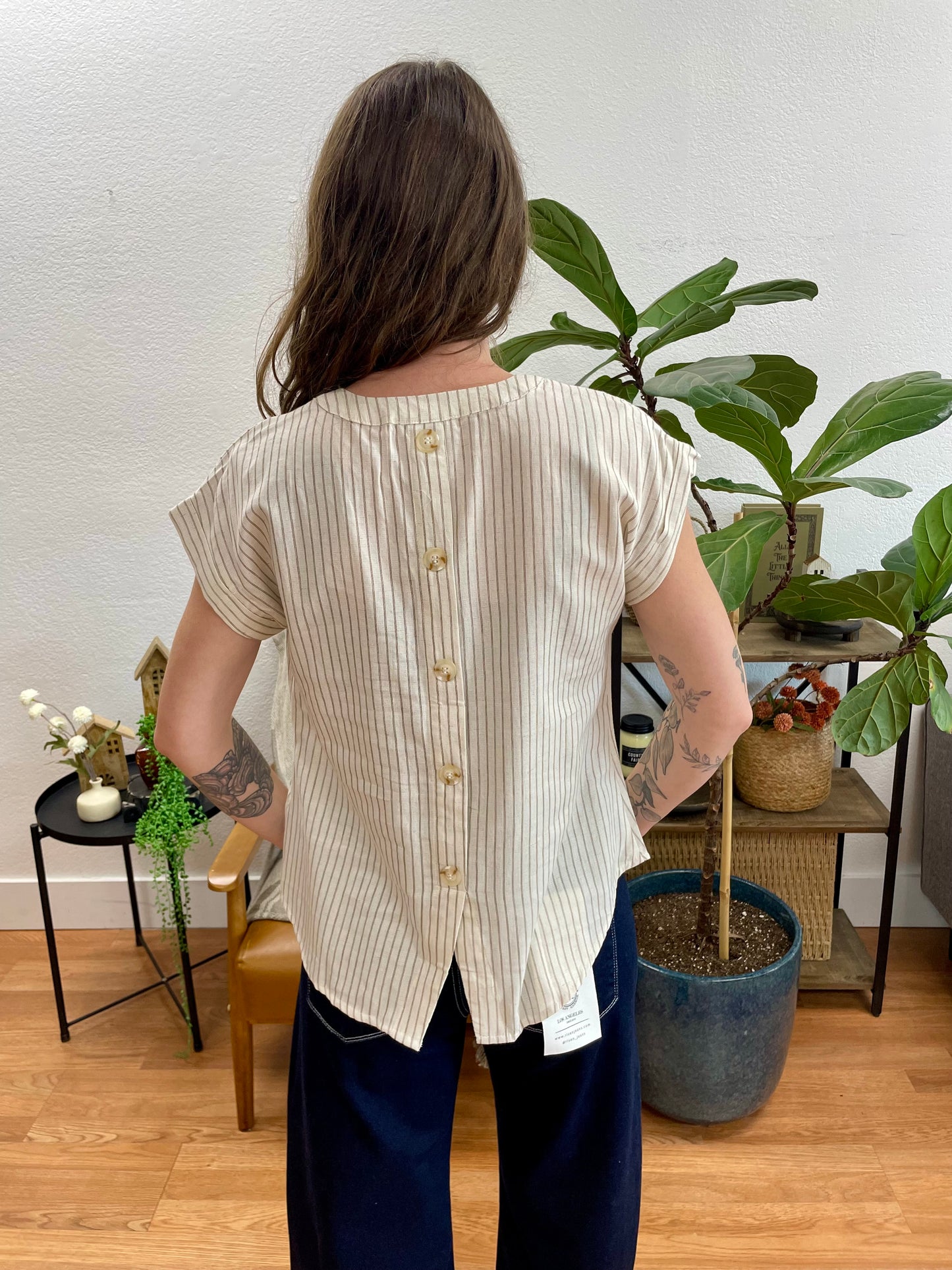 Brown Split Neck Stripe Blouse