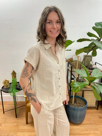 Khaki Stripe Linen Button Up
