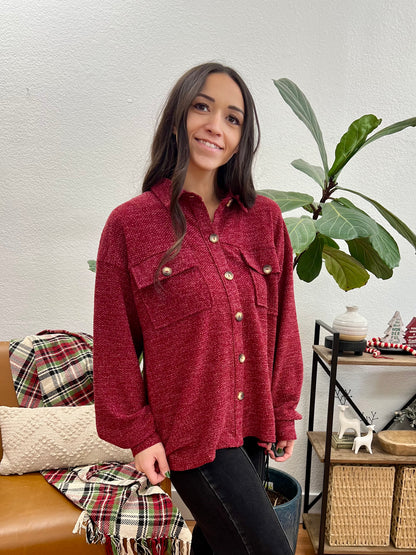 Burgundy Textured Button Front Jacket