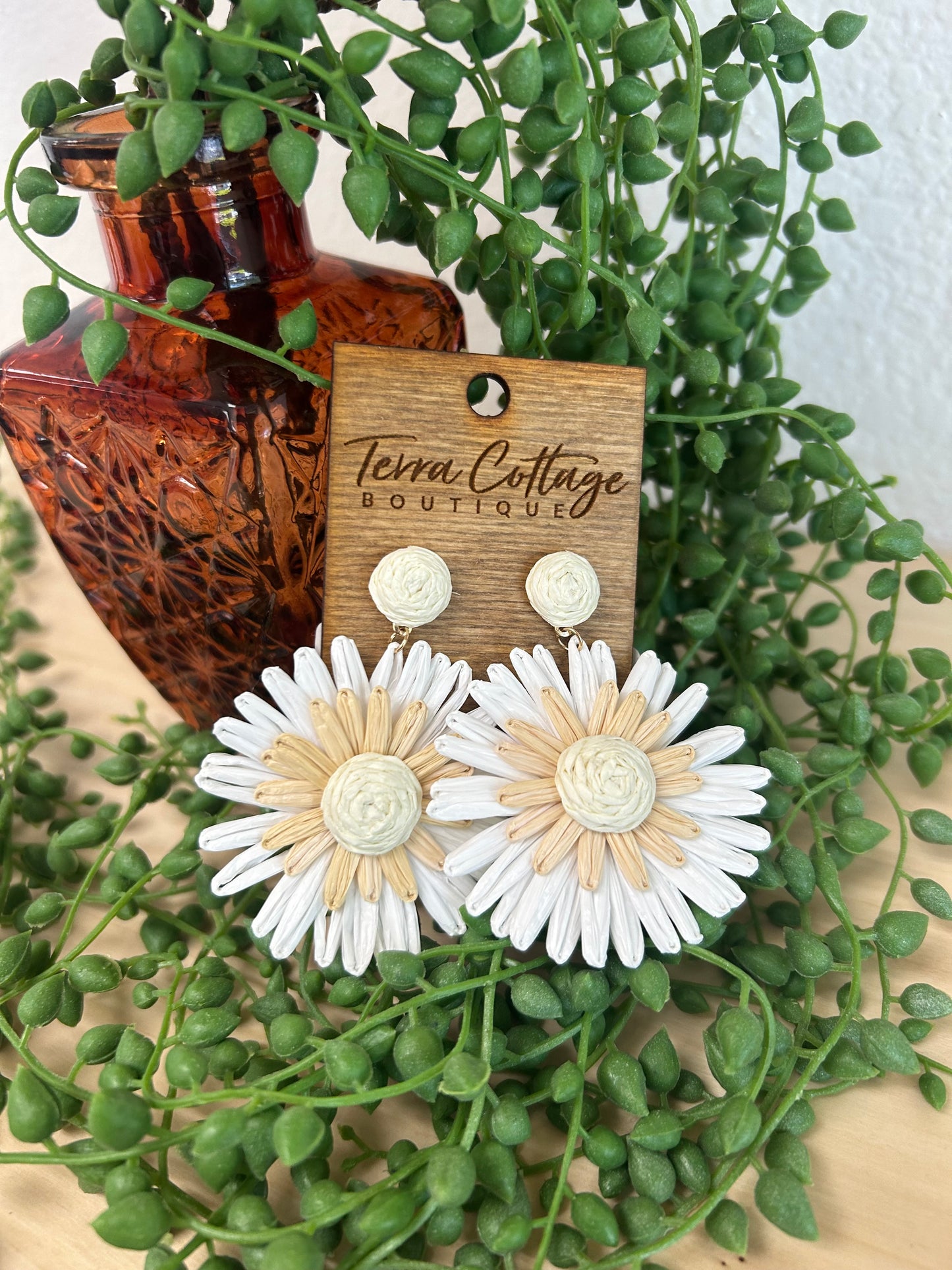 Layered Raffia Flower Dangle Earrings