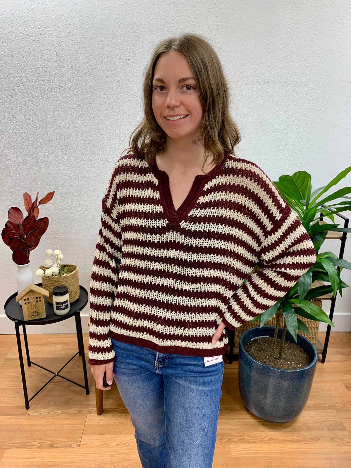 Burgundy Stripe Raw Edge Sweater