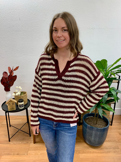 Burgundy Stripe Raw Edge Sweater