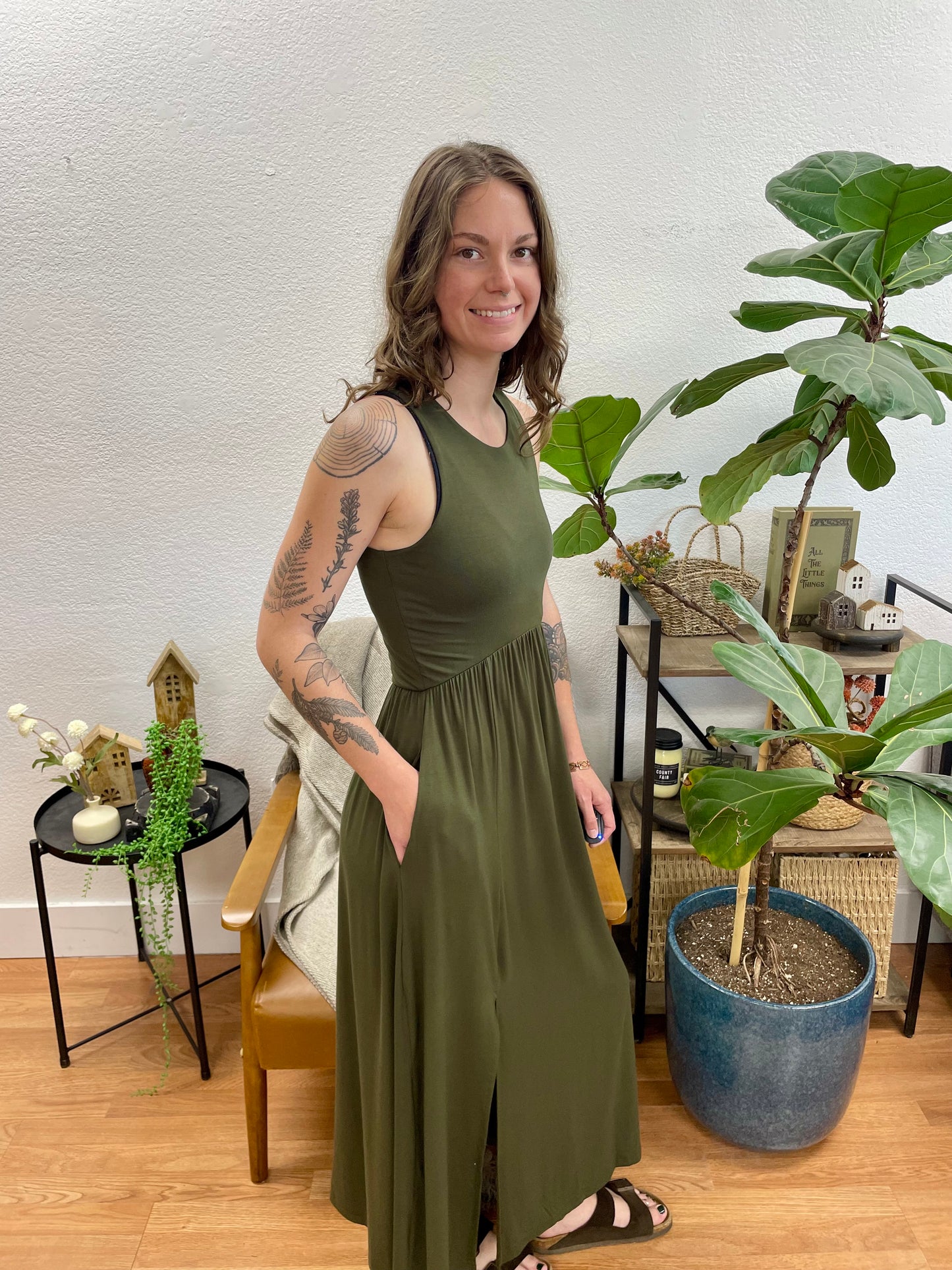 Olive Front Slit Midi Dress