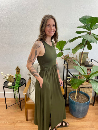 Olive Front Slit Midi Dress