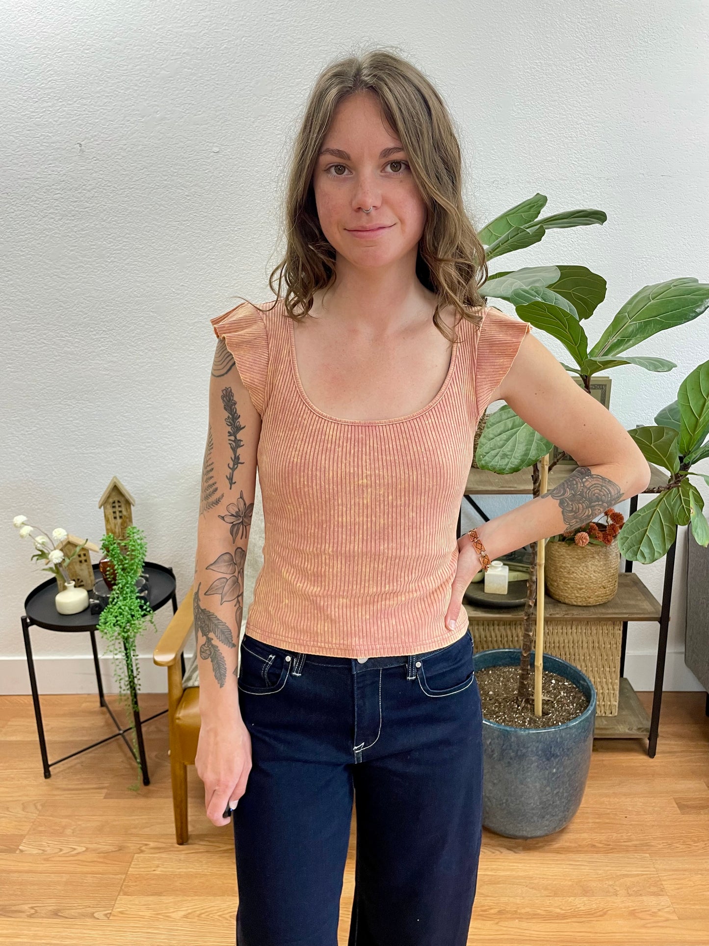 Mauve Washed Ruffle Sleeve Top