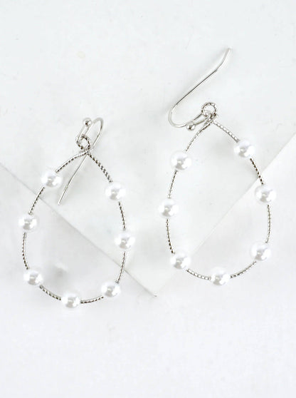 Silver Textured Wire Station Pearl Drop Earrings
