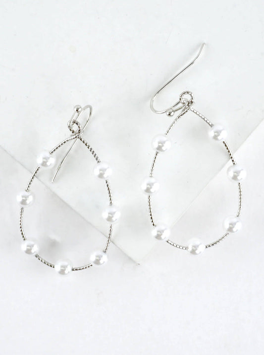 Silver Textured Wire Station Pearl Drop Earrings